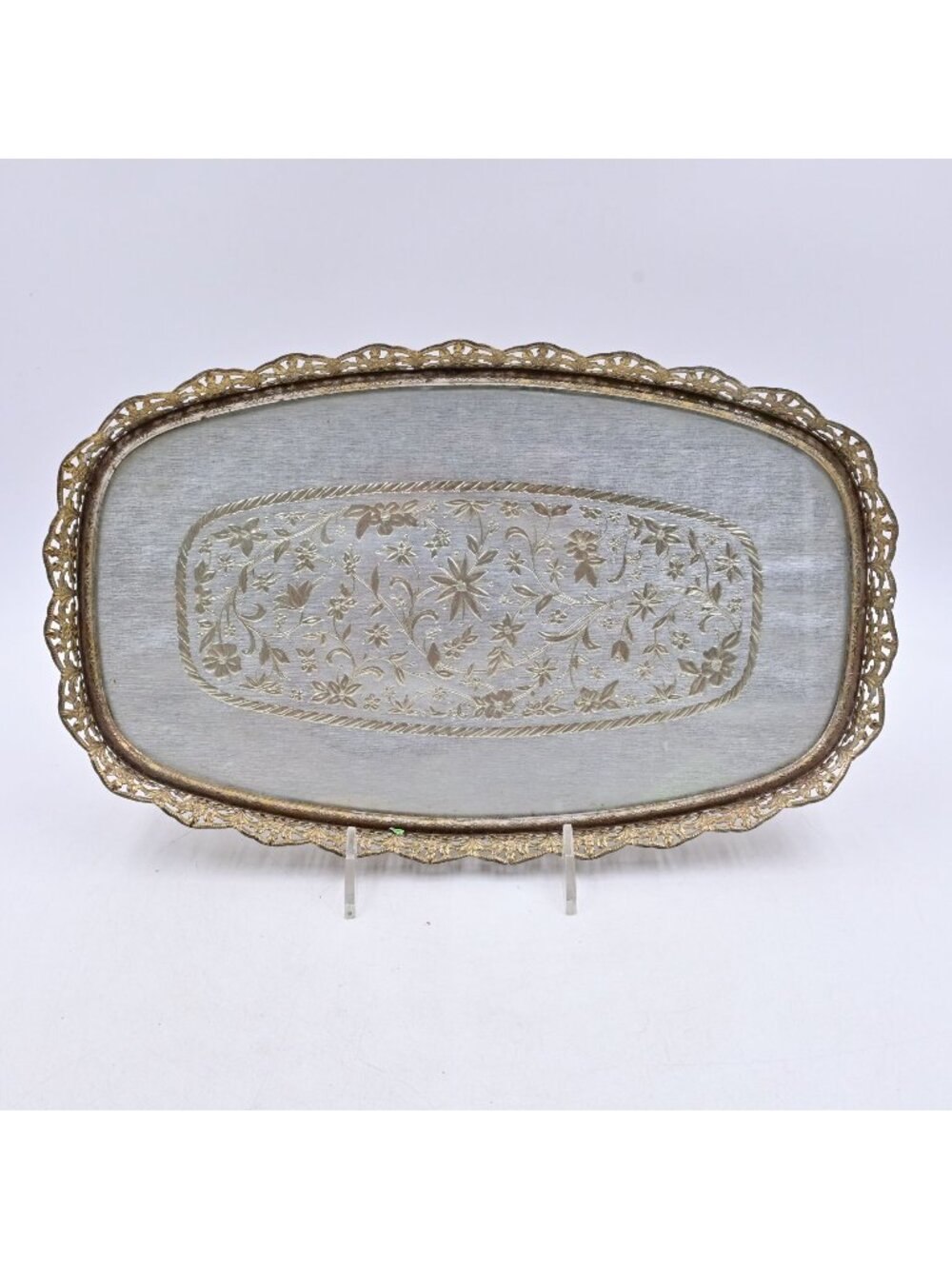Jeanne Fox Hollywood Regency Gold Filigree Vanity Tray Glass Floral Foil Ornate